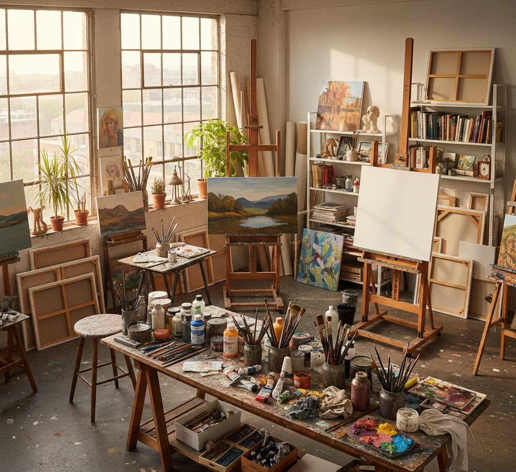 Art studio with painting supplies